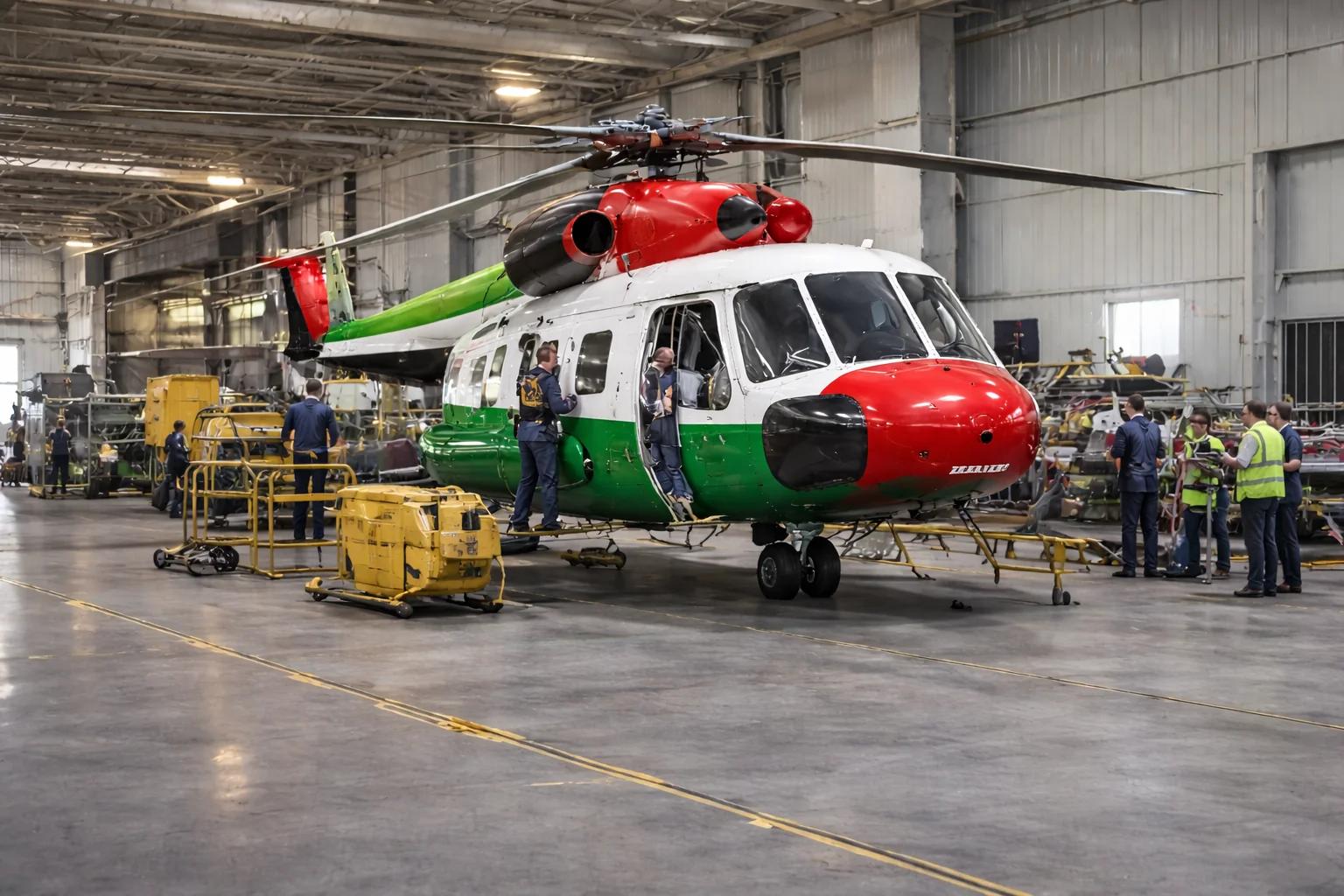 Helicopter in a maintenance hangar with crew in safety vests preparing access.