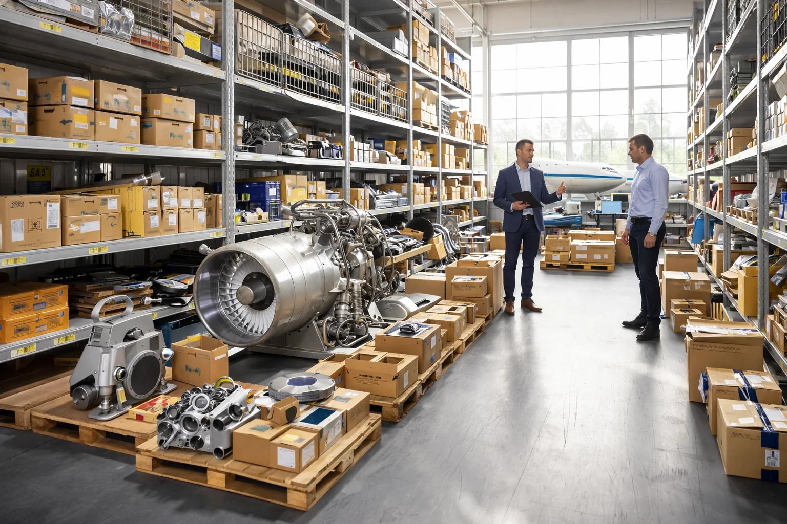 Spare parts warehouse with a jet engine on the floor — staff reviewing inventory with tablet.