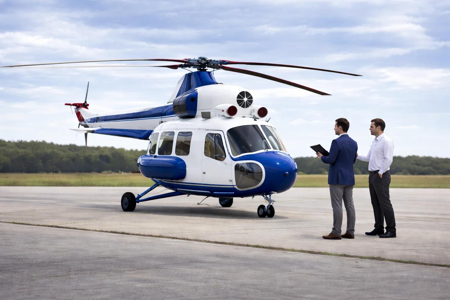 Twin-engine helicopter on the apron during pre-buy review.