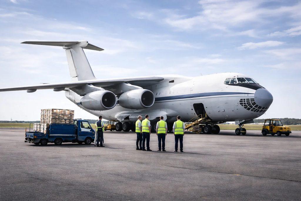Ilyushin Il-76 heavy transport aircraft during cargo operations.